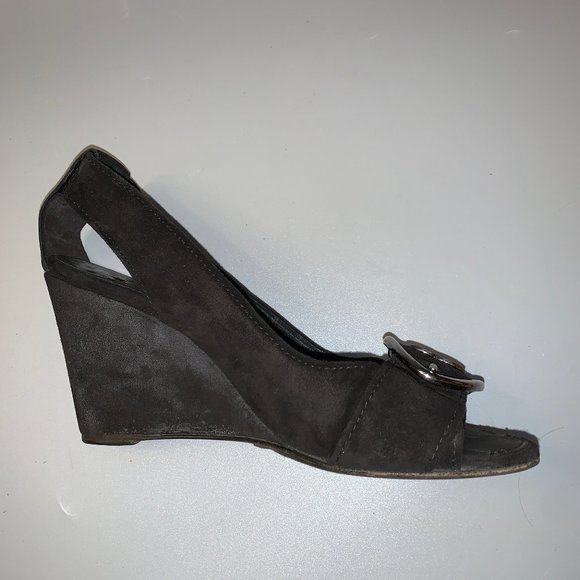Chanel Black Suede Peep-Toe Wedge Heels - Picture 12 of 13